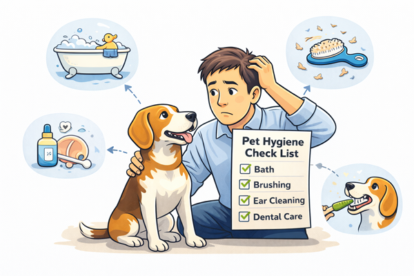 반려동물 위생 관리를 점검하는 초보 보호자의 모습