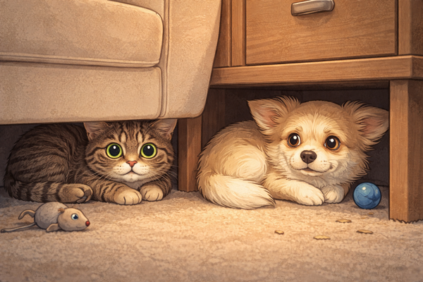 반려동물 숨는 이유를 보여주는 구석에 숨어 있는 모습